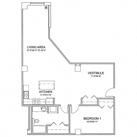 Floor plan for 1 bed, 1 bath, 995 sqft
